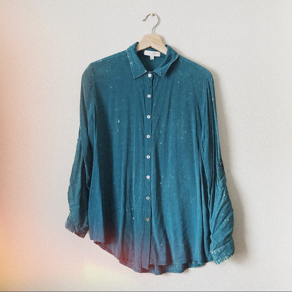 Umgee | Teal distressed soft buttondown blouse XL - Picture 3 of 4
